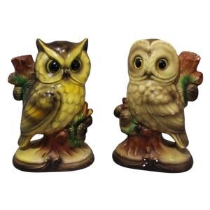 Ceramic Owl Set of 2, 6" tall 1970s MCM Vintage Japan